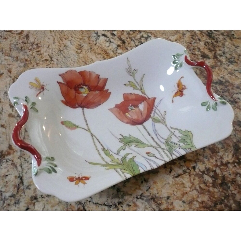 Vintage Mottahedeh Design Ice Poppy Rectangular Handled Dish 11" Verona Italy